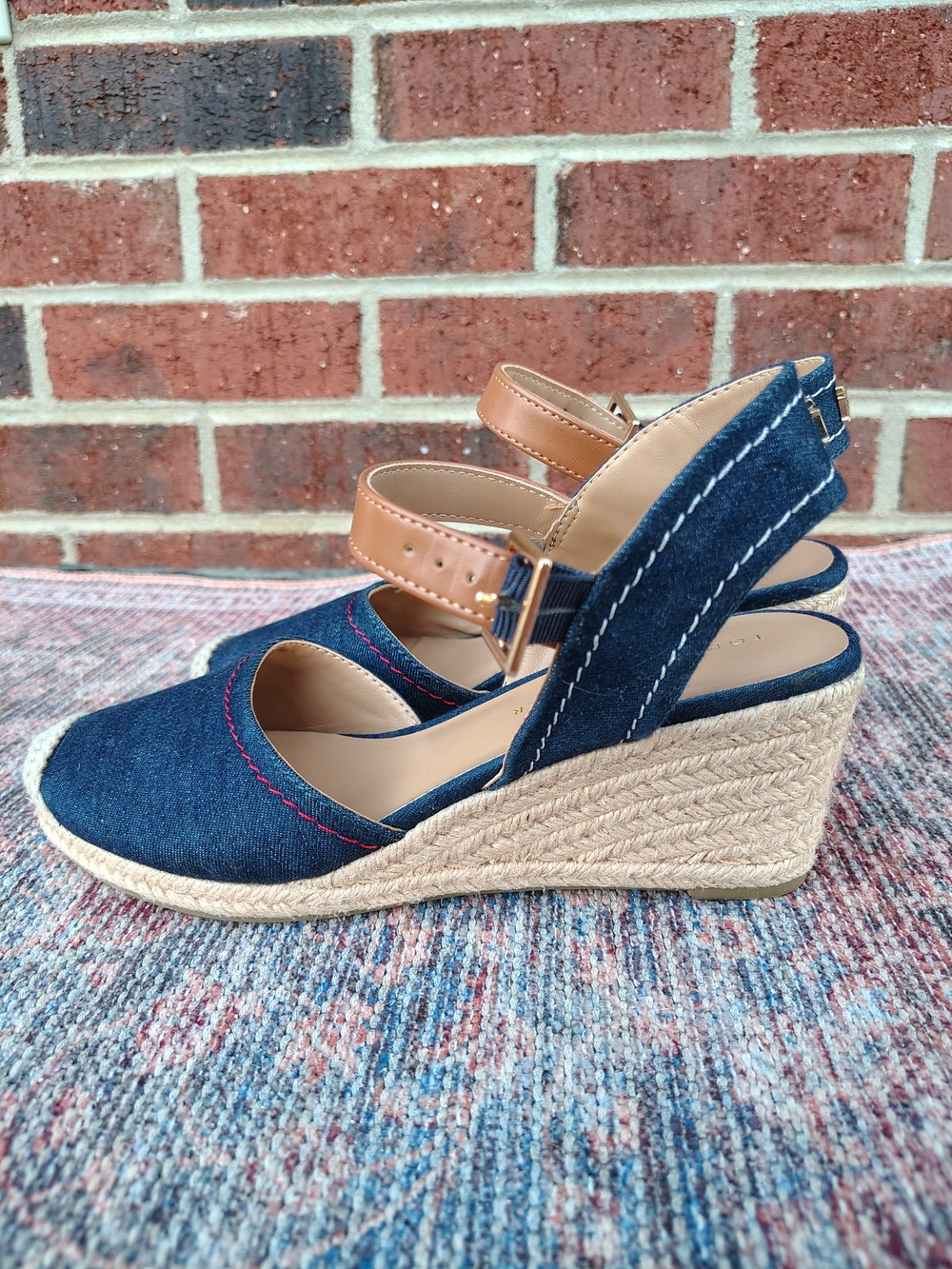 Tommy Hilfiger Navy Denim Espadrille Wedges with Tan Ankle Strap - Picture 4 of 5